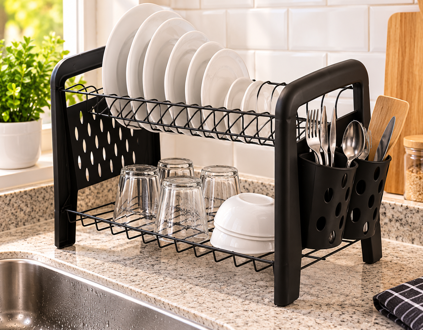 Escorredor Louça/Pratos Aço 12 Lugares Preto Duplo Arthi