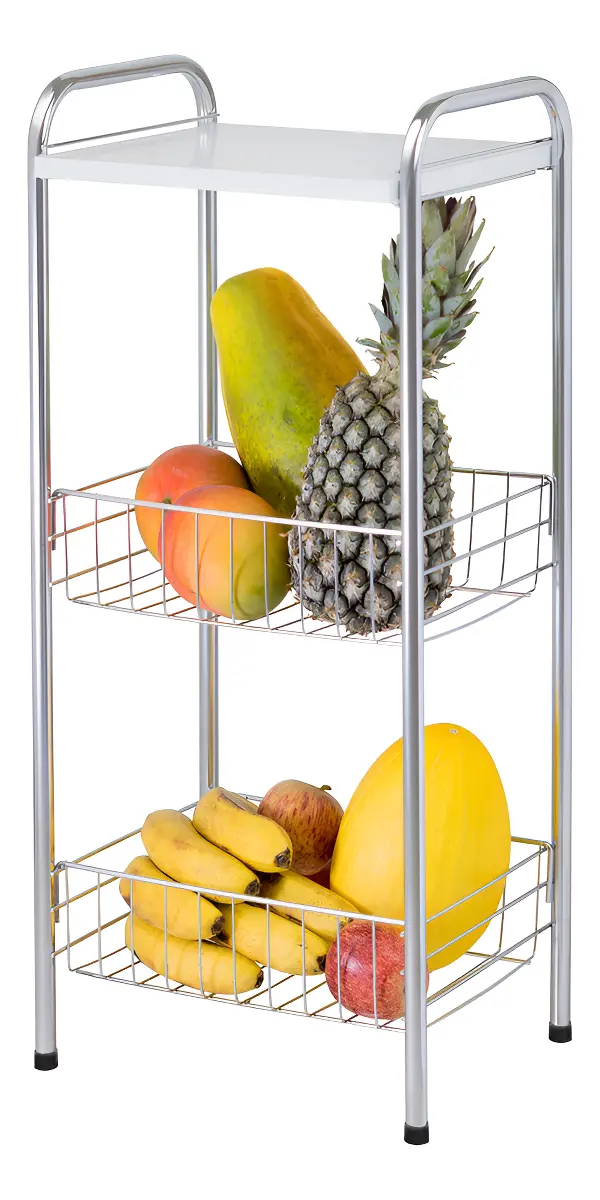 Fruteira De Chão Dupla Cromada com Tampa De Madeira - imagem 2